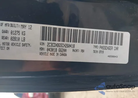 2012 Dodge Charger Se from USA, damaged, VIN 2C3CDXBG5CH260418